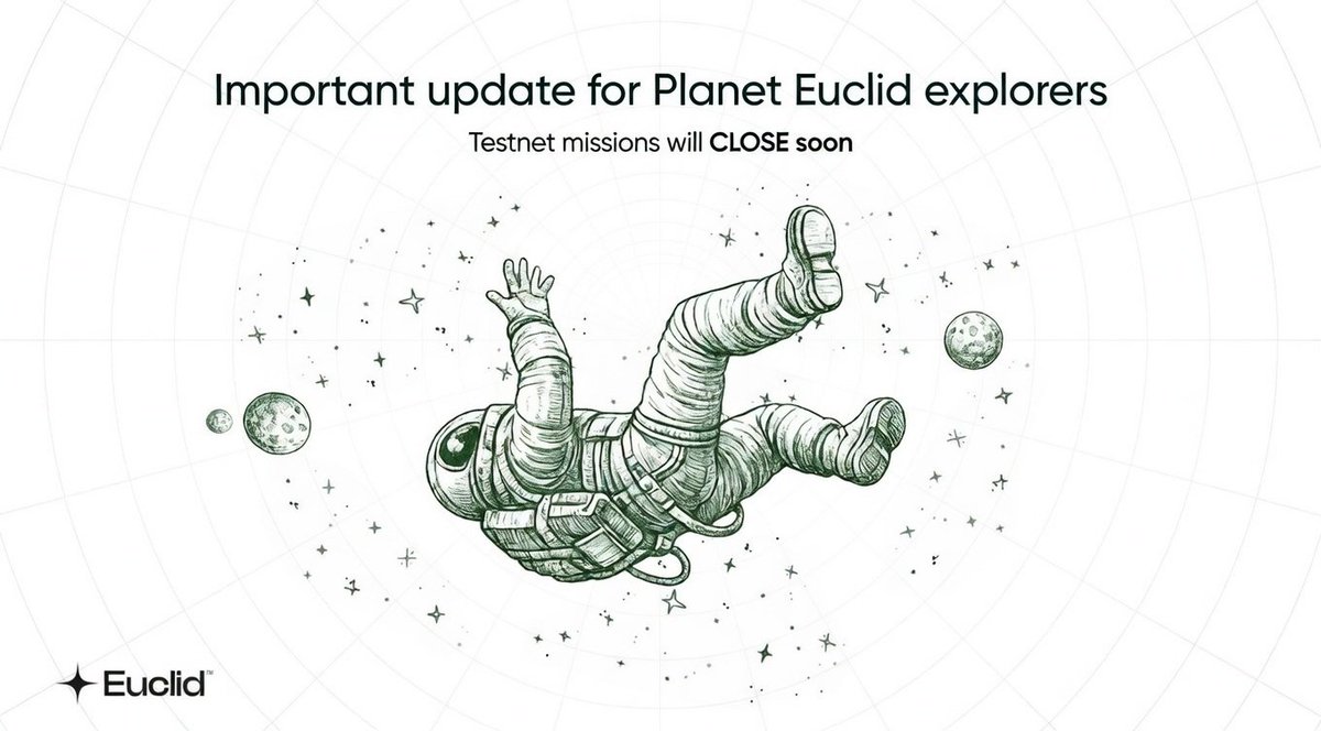 Important update for Planet Euclid explorers 🛸
All current Testnet missions will CLOSE soon.

What's next?

→ All future missions will be fully on-chain
→ A new phase begins

This is the final stretch before mainnet.
Euclid’s partner projects bring bigger rewards and exclusive