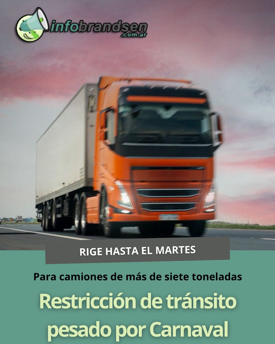 Restricción de tránsito pesado por Carnaval
Será en la Autovía 2, Rutas Provinciales 11, 36, 56, 63, 74, y Autopista Buenos Aires–La Plata.

+detalles 👇🏼👇🏼👇🏼

infobrandsen.com.ar/2026/02/13/res…