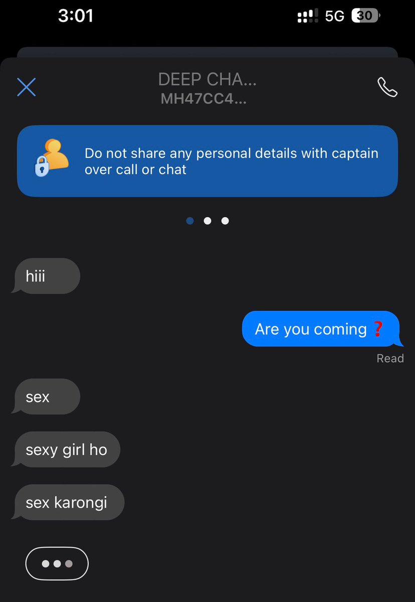 Yesterday, after booking a Rapido ride at Mumbai, Goregaon East, the captain sent my female friend inappropriate and sexually explicit texts.

She felt insecure and very scared. This is not just UNPROFESSIONAL  it is HARASSMENT!!

THIS IS NOT OKAY!!
<a href="/rapidobikeapp/">Rapido</a> #WomenSafety