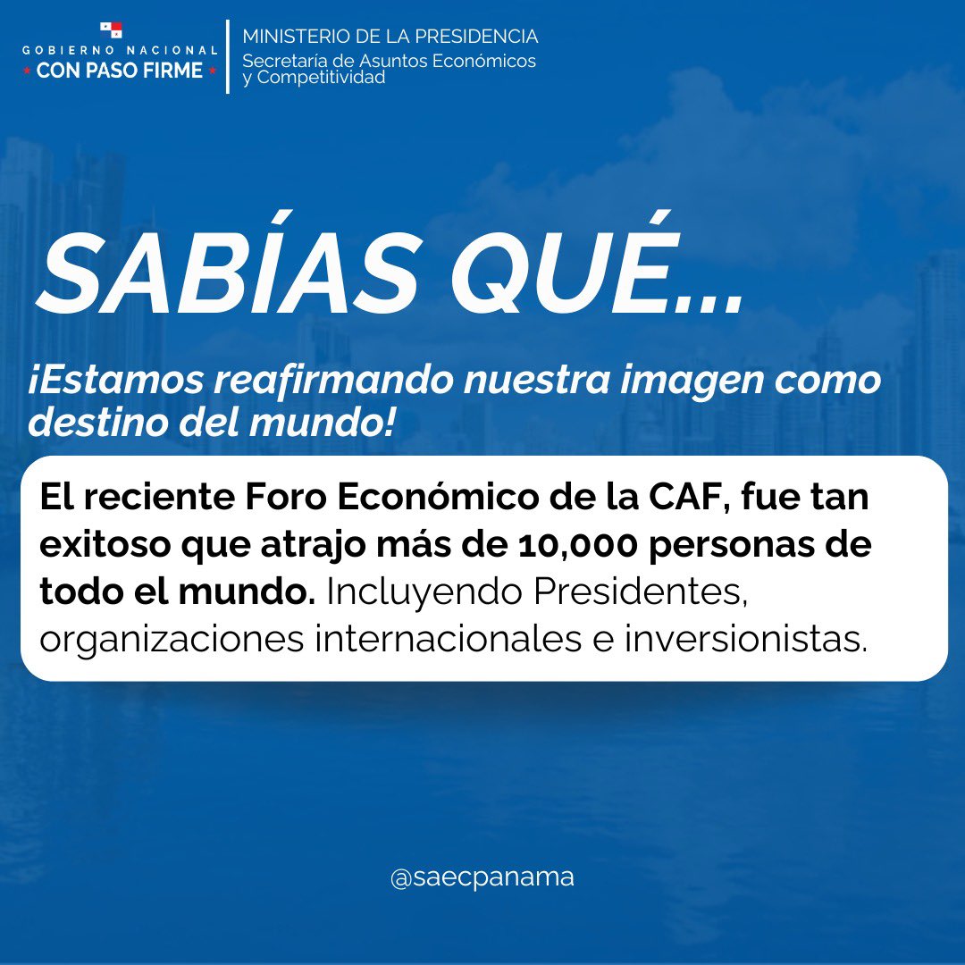 Más de 10,000 asistentes en el Foro Económico Internacional América Latina y el Caribe CAF🙌🏻 
El futuro de la región es desde Panamá🇵🇦 

Comparte si crees en el potencial de nuestro país✔️ #PanamáCompetitivo #Panamá #Competitividad 

<a href="/AgendaCAF/">CAF</a> <a href="/Mef_Pma/">Ministerio de Economía y Finanzas de Panamá</a>
