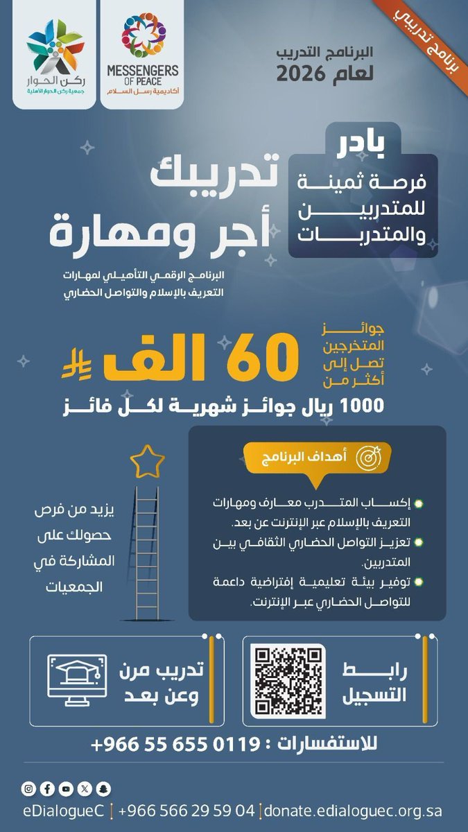 ✨ 

فرصة لتعلّم مهارات التعريف بالإسلام مجانًا!

🌐عن بُعد بأربع لغات: العربية، الإنجليزية، الإسبانية، الفلبينية.

⏰مرونة في الوقت.
🎁جوائز ومكافآت شهرية.
💼 شارك البرشور مع مجموعتك وادخل السحب على مجموعة فتاوى شيخ الإسلام.
📲سجّل الآن: 
mopacademy.org

#رسل_السلام

🏷️