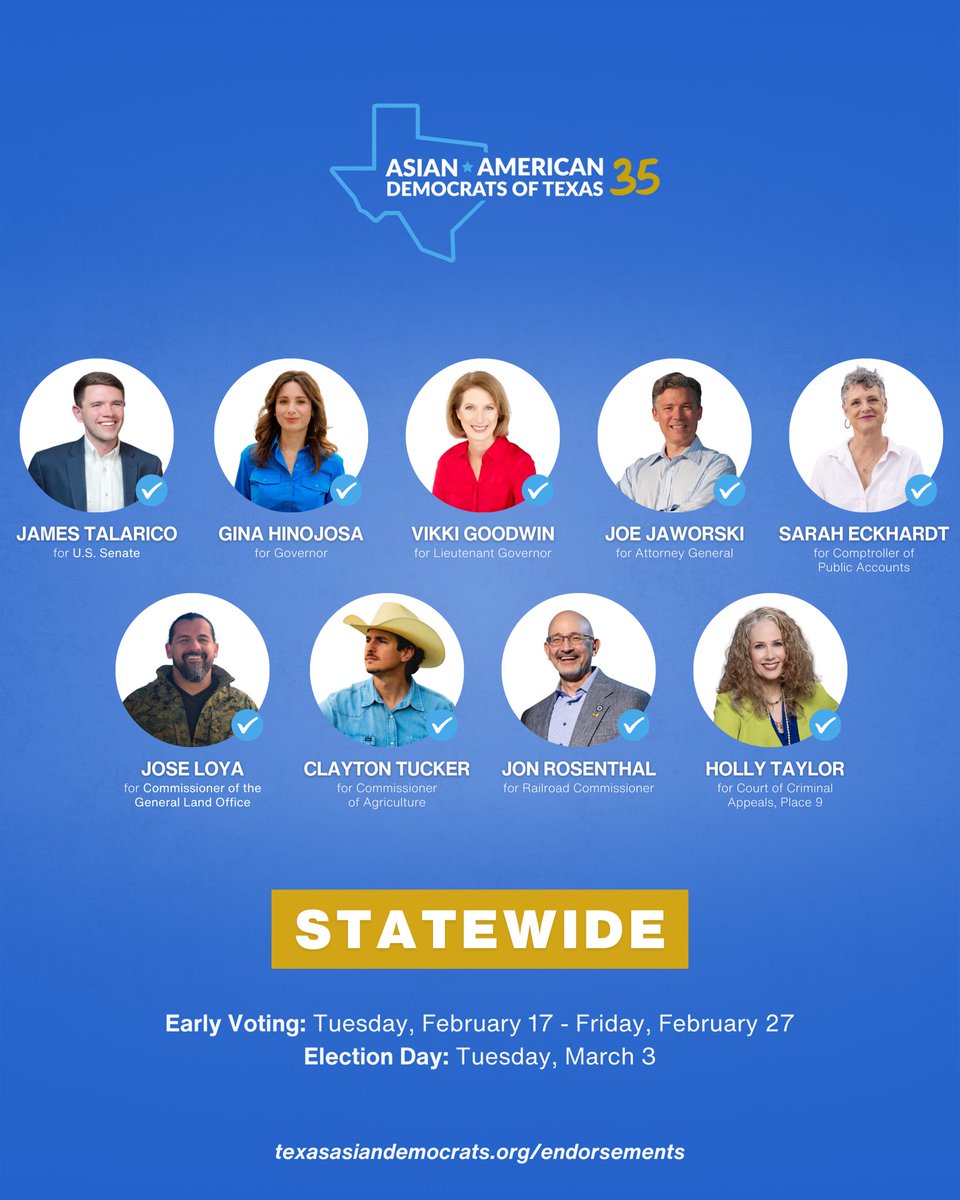 texasasiandems's tweet photo. ๐จ The decisions are in! One official slate. @texasasiandems proudly announces our largest endorsement slate in 35 years ๐ณ๏ธ
Early voting starts Feb 17. See full list: https://t.co/1nZJMbMp0X
#texasdemocrats #democrats https://t.co/Bd9wHCemvx