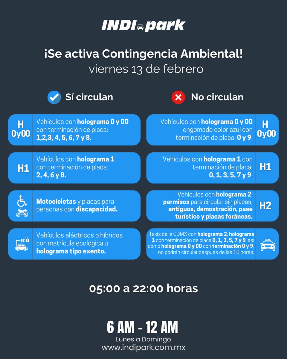 📢 Este viernes 13 de febrero del 2026 se activa la Contingencia Ambiental.
Conoce las disposiciones y acciones a seguir.

Sigue las recomendaciones de las autoridades. 

#contingenciaambiental #estacionamientoseguro #cdmx