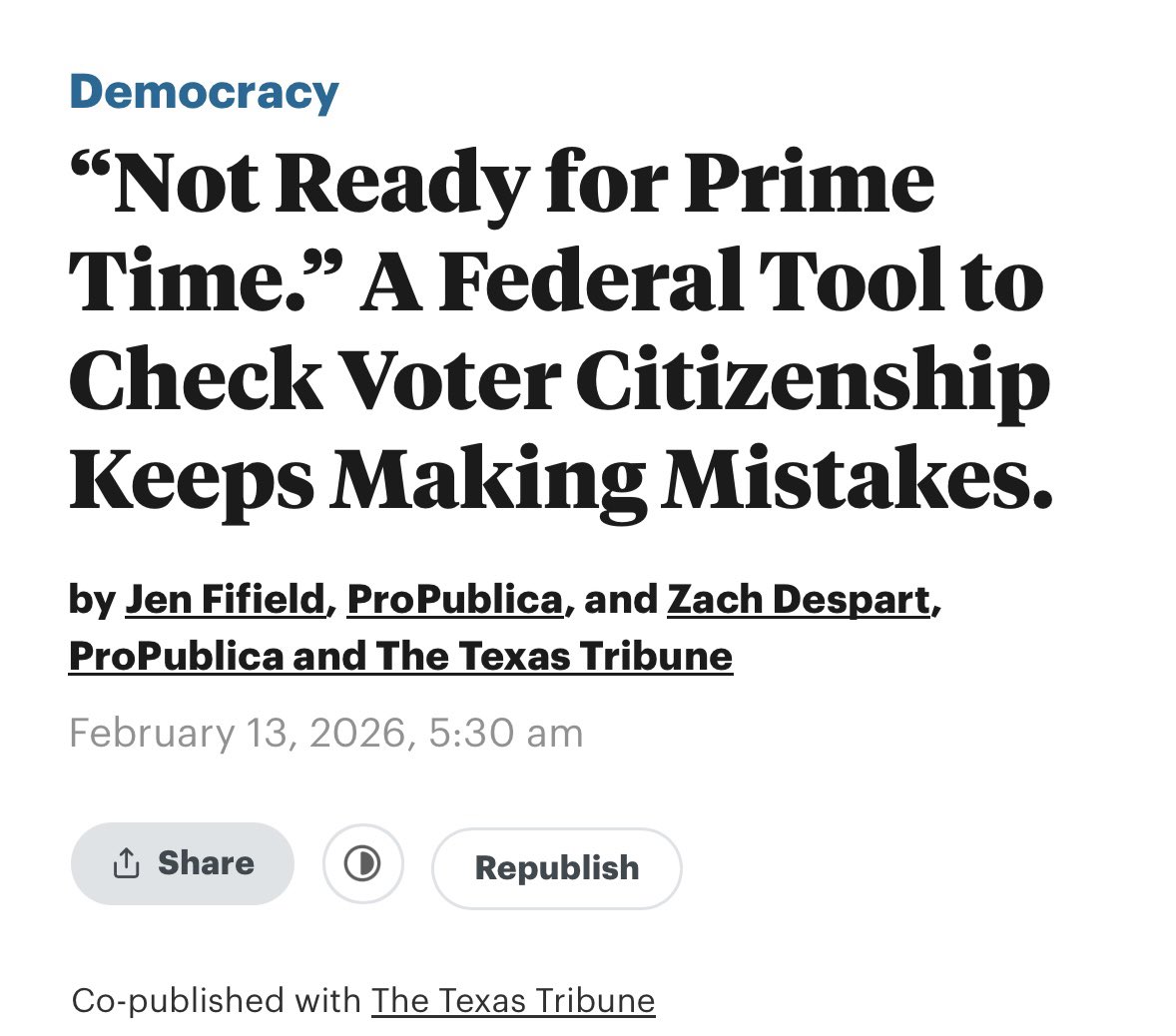 jennycohn1's tweet photo. WTF?! The GOP’s “Save America Act” (previously just “SAVE”) requires that states implement voter purge programs using programs such as the “SAVE” system, which consistently marks citizens as noncitizens, per this new report by ProPublica & the Texas Tribune. @JenFifield @zachdespart. 

Meanwhile, the Act imposes *no penalty* for erroneous purges but potential *prison time* (up to 5 years) for erroneous registrations. This is voter suppression, full stop. 1/