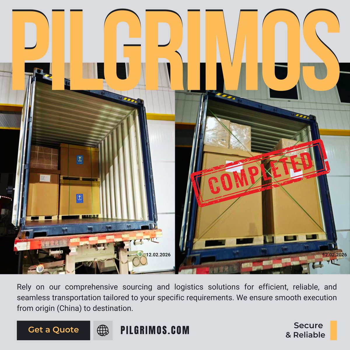 Pilgrimos_Co's tweet photo. On time, every time.

Rely on PILGRIMOS comprehensive sourcing and logistics solutions for efficient, reliable, and seamless transportation tailored to your specific requirements. 

We ensure smooth execution from origin (China) to destination.

#PILGRIMOS #China #Sourcing #Tech https://t.co/lTbkKzt9PM