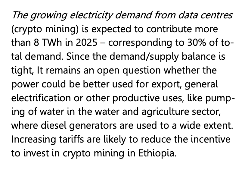 JustinSandefur's tweet image. Weird electricity-and-development fact of the day:
 
Ethiopia's new GERD dam more than doubled the country's installed generation capacity. Result: a new crypto mining industry now absorbs 30% of national electricity demand.