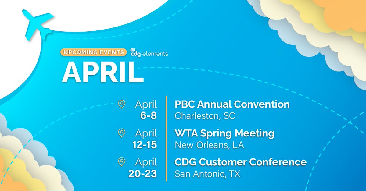 cdgsolutions's tweet photo. April is all about connection, strategy, and impact!

We’ll be at PBC Annual Convention, WTA Spring Meeting, and hosting our Customer Conference.

If CX, efficiency, and digital transformation matter in 2026, let’s connect.
#CDGElements https://t.co/9nVsyGzZIr