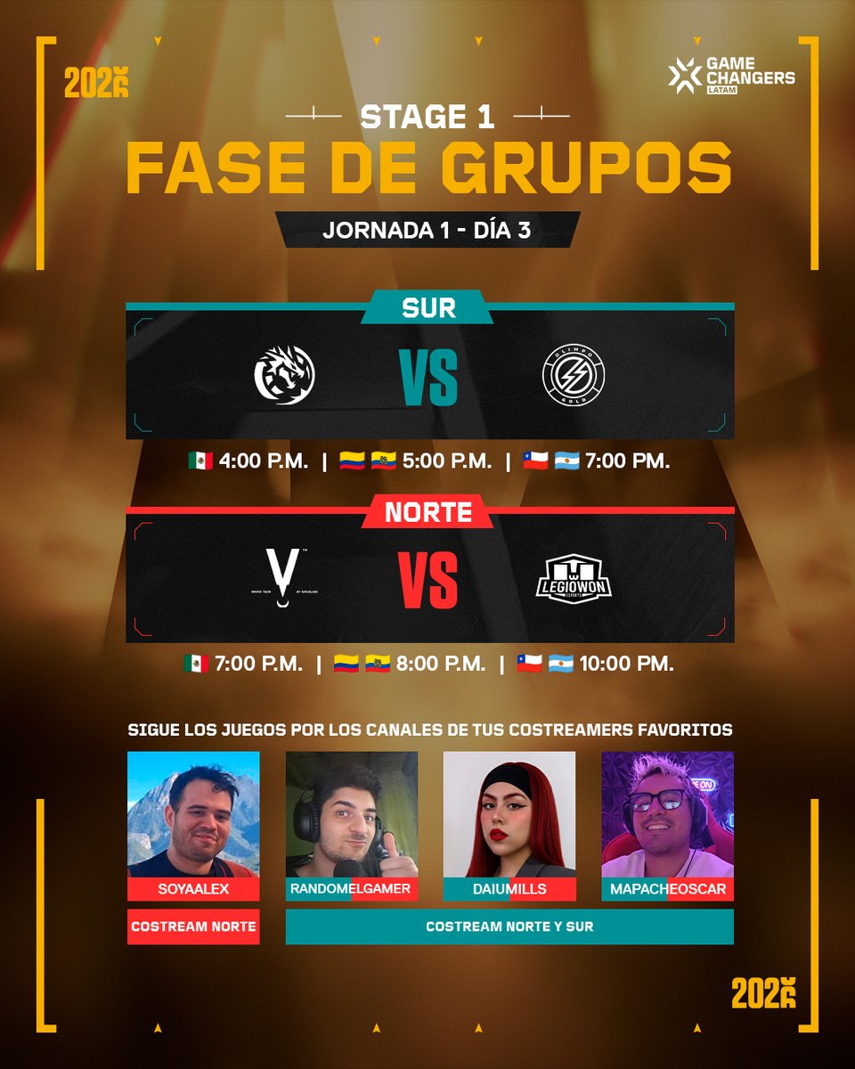 Cierra la Jornada 1 del Stage 1 de #VCTGameChangers 🔥

Día 3
Sur: <a href="/LeviatanGG/">LEVIATAN</a> 🆚 @olimposquad
Norte: <a href="/Myvraesports/">MYVRA by WaveLabs</a> 🆚 <a href="/legiowon/">Legiowon</a> 

Vive cada encuentro en costream con:
<a href="/soyaalex01/">AKV SoyaAlex</a> 
<a href="/randomelgamer/">Kevin 'Rand0m' Vairo Vazquez</a> 
<a href="/daiumills/">Daiu Mills</a> 
@Mapacheoscar1
¡Y muchos más!