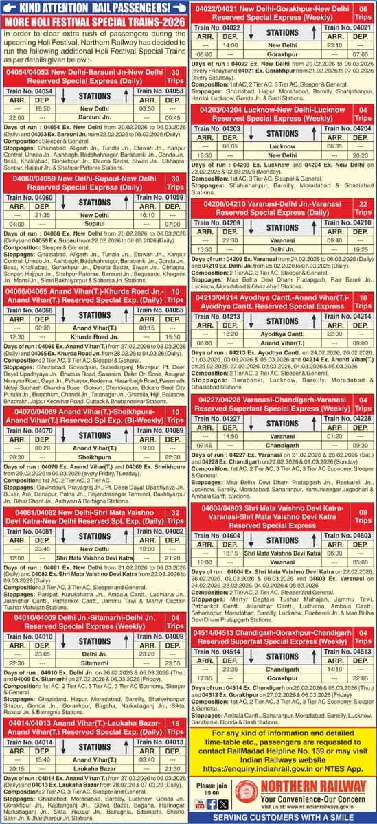 RailwayNorthern's tweet photo. KIND ATTENTION  RAIL PASSENGERS!
MORE HOLI FESTIVAL SPECIAL TRAINS-2026

In order to clear extra rush of passengers during the upcoming Holi Festival, Northern Railway has decided to run the following additional Holi Festival Special Trains as per details given below :-

#HoliSpecialTrains