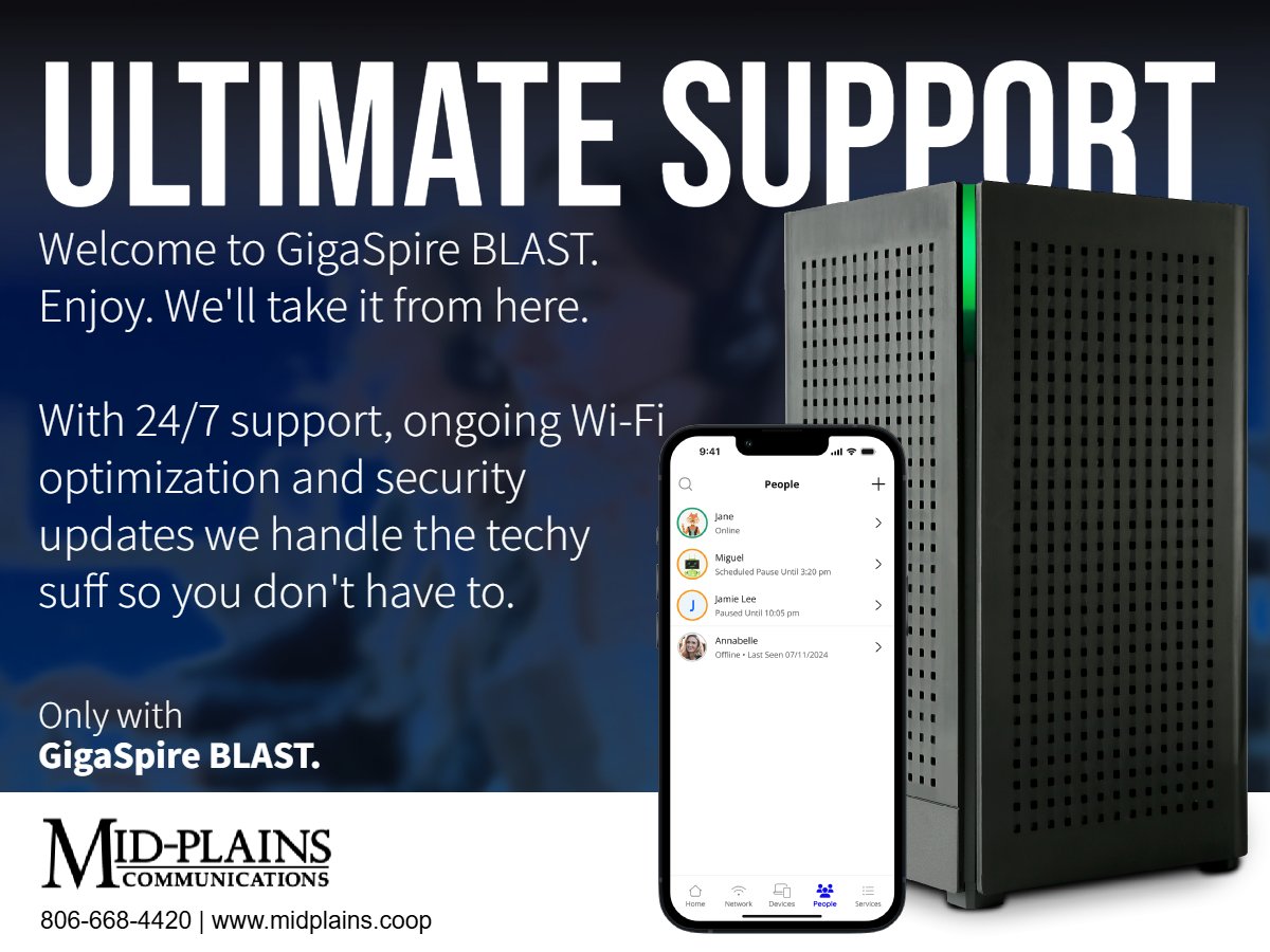 Not a Tech Person?
That's okay - we handle everything!

With Managed WiFi you get:
Professional setup
Automatic updates
24/7 support
Easy app to control it all

NO tech skills needed. We do the hard stuff!
Just $0.40/day

806-668-4420 | midplains.coop