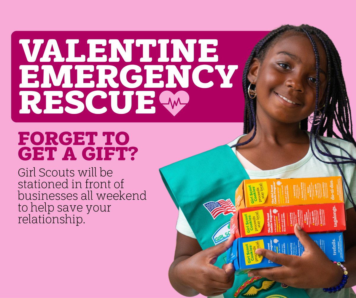 🚨VALENTINE EMERGENCY RESCUE 🚨

Did you forget to get a gift for your special someone? Girl Scouts will be stationed in front of businesses across Middle Tennessee ALL WEEKEND LONG to help save your relationship.

Find the cookies closest to you gsmidtn.org/en/cookies/fin…