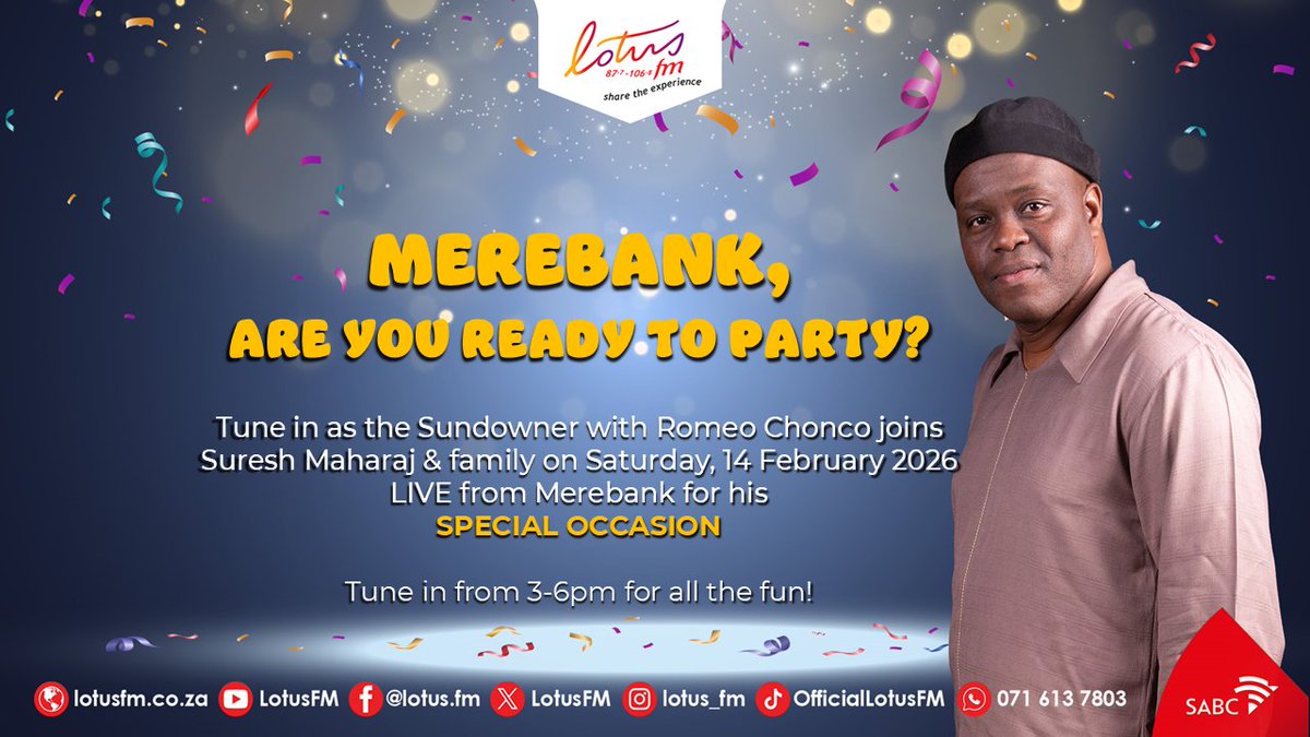 Lotusfm's tweet photo. π Merebank, are you ready to party? πΆ
Join Romeo Chonco on The Sundowner LIVE with Suresh Maharaj & family for a special celebration!
π
Saturday, 14 Feb 2026 | π 3β6pm | π» @Lotusfm
#LotusFM #ShareTheExperience #TheSundowner #Merebank #LiveBroadcast #PartyVibes https://t.co/CUwXjP0yvD