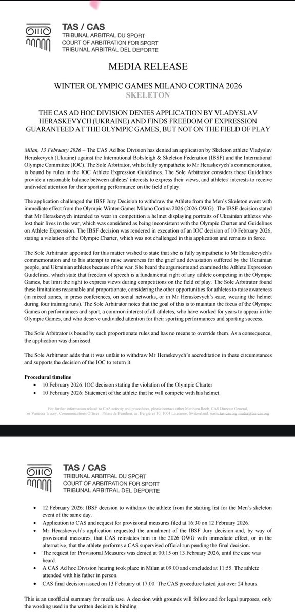 Court of Arbitration for Sport (CAS) rejects <a href="/heraskevych/">Vladyslav Heraskevych OLY</a>'s application 😐

The arbitrator argues that the Athlete Expression Guidelines "limit the right to express views during competitions in the field of play". 

It is unclear how exactly Heraskevych broke these Guidelines, as