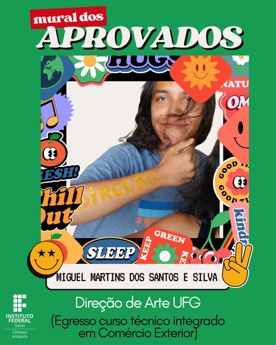 ✅Seguimos com o nosso Mural dos Aprovados!

👏Outro destaque desta sexta-feira pré-carnaval é o Miguel Martins, que cursou o curso técnico integrado em Comércio Exterior e foi aprovado em Direção de Arte na UFG. Parabéns, Miguel!