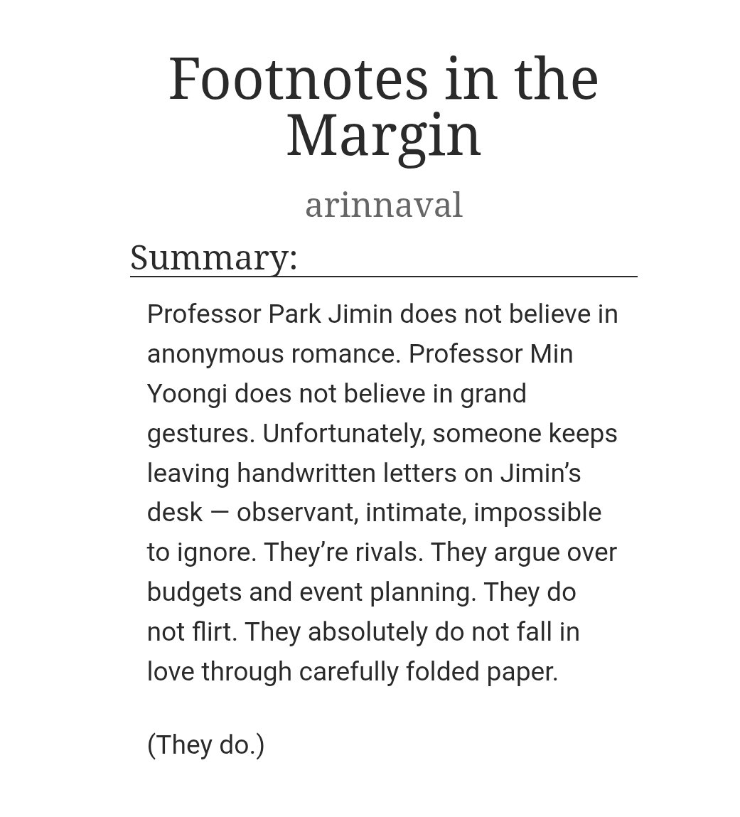 Ariiiiiiiiiii 

Footnotes in the Margin
archiveofourown.org/works/79432531