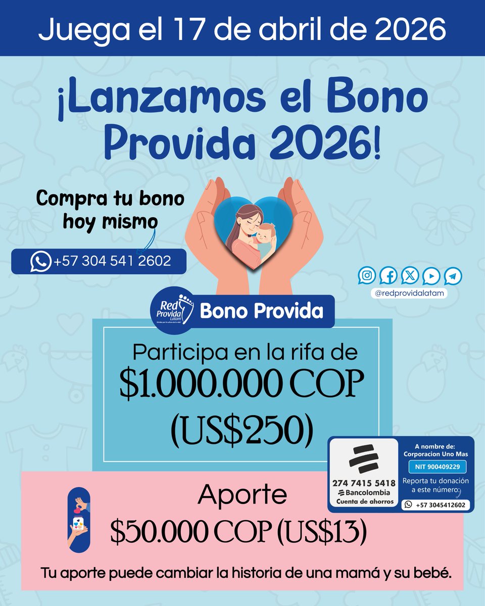 🎉 ¡Lanzamos el Bono Provida 2026!

Hoy tienes la oportunidad de hacer algo grande con un pequeño aporte.
Con $50.000 no solo participas por $1.000.000

Tu aporte puede cambiar la historia de una mamá y su bebé.
📲 Adquiere tu bono hoy mismo
Escríbenos al +57 304 541 2602