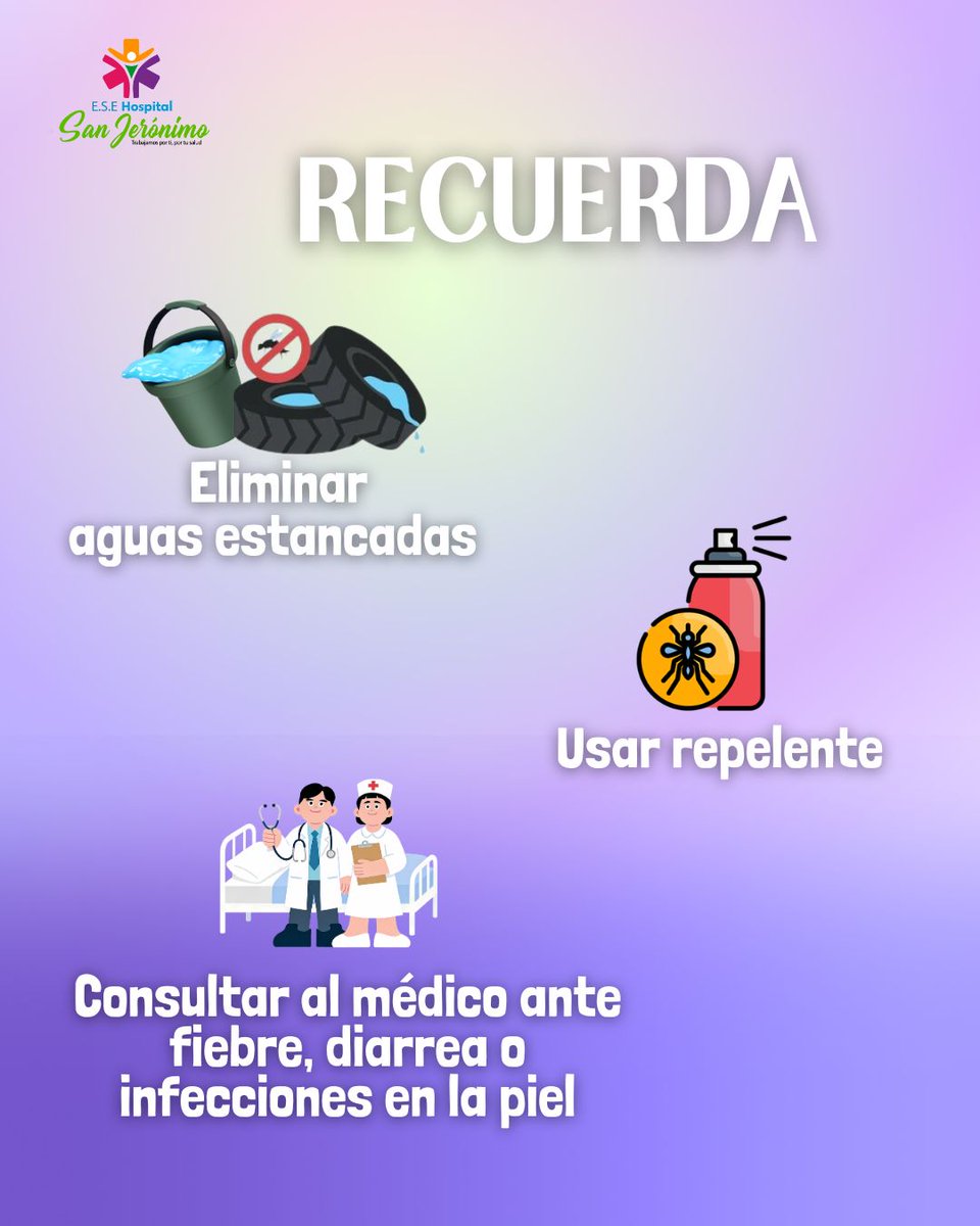 Durante la emergencia por las inundaciones, la prevención salva vidas. Desde la E.S.E. Hospital San Jerónimo te recordamos:
✅ Elimina aguas estancadas.
✅ Usa repelente.
✅ Consulta al médico ante fiebre, diarrea o infecciones en la piel.
Cuidarnos es responsabilidad de todos.