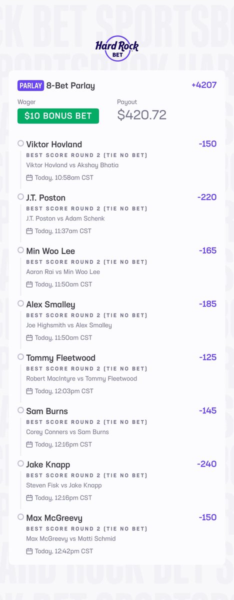 EvanGriff's tweet photo. Check out this bet I placed on Hard Rock Bet! https://t.co/pt3SKc0IBo. ⁦@ROZgolfer23⁩  I’m ridin https://t.co/84mhdr9ksB