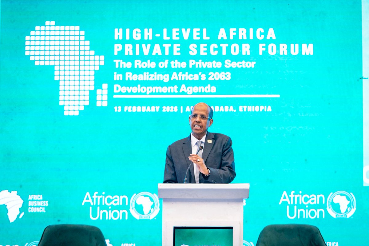 _AfricanUnion's tweet photo. At the High-Level Dialogue on “The role of the private sector in realizing Africa's Agenda 2063” event on the margins of the 39th Assembly of the African Union (AU) in Addis Ababa this afternoon, H.E. Mahmoud Ali Youssouf, Chairperson of the AU Commission, emphasized:
“Africa’s era of exporting raw materials and importing value-added goods must end. With 1.4 billion people, 30% of the world’s critical minerals, and the @AfCFTA as a foundation, the continent has the assets to industrialize, integrate, and lead.
Public policy alone is not enough, he said, ' Industrialization, energy transition, digital innovation, and value chain development require full private sector partnership,' he added.
He assured that the AU will strengthen regulatory coherence, reduce non-tariff barriers, and launch a Permanent Presidential Mechanism for strategic dialogue with African business—focused on results.
@ymahmoudali concluded by underscoring that "every job is a contribution to peace... every investment is a vote of confidence in Africa’s future.'
Read @ https://t.co/yz8YyEfb8X