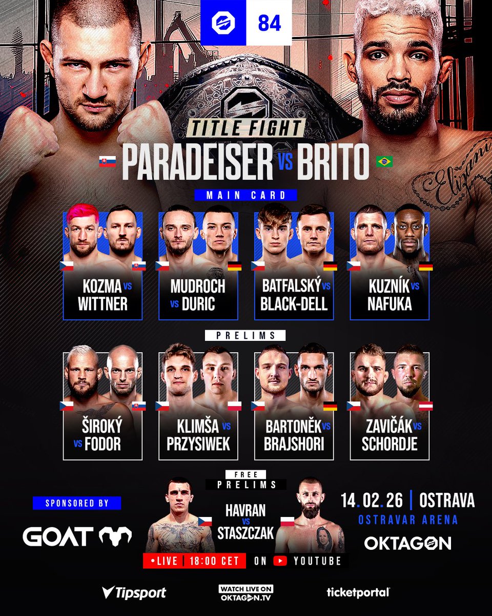 RT Contest: Follow <a href="/OktagonOfficial/">OKTAGON</a> and repost to win an #OKTAGON84 PPV code. Winner selected before the fights. 

OKTAGON 84 goes down tomorrow, Feb 14th at 12pm ET / 9am PT / 6pm CET. Only on OKTAGON.TV PPV    

First fight at YouTube.com/@OktagonMMA