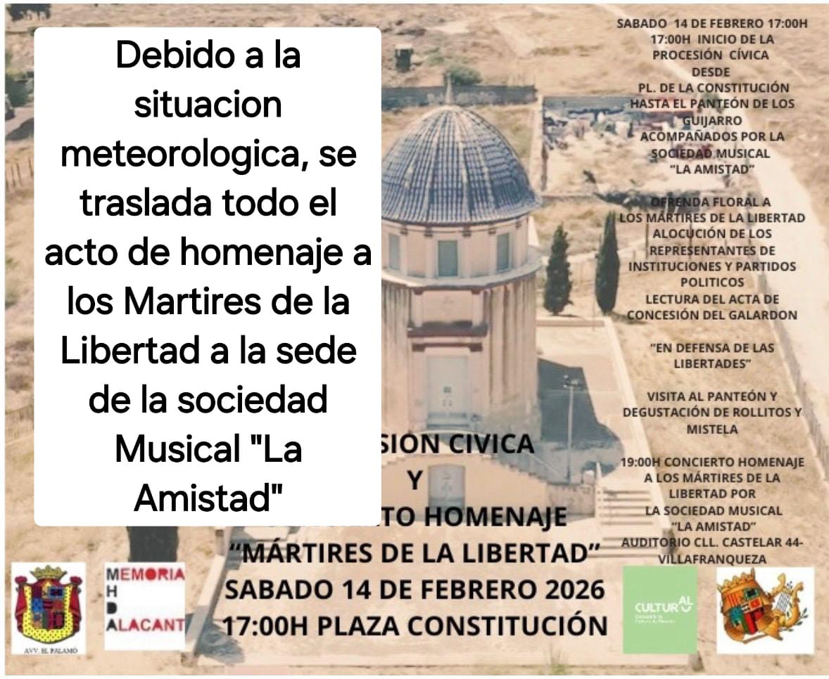 Nos informan que, debido a la situación meteorológica prevista, se suspende la Procesión Cívica en recuerdo a los Mártires de la Libertad en Villafranqueza de mañana sábado 14. Se mantiene el resto de actos en interior
