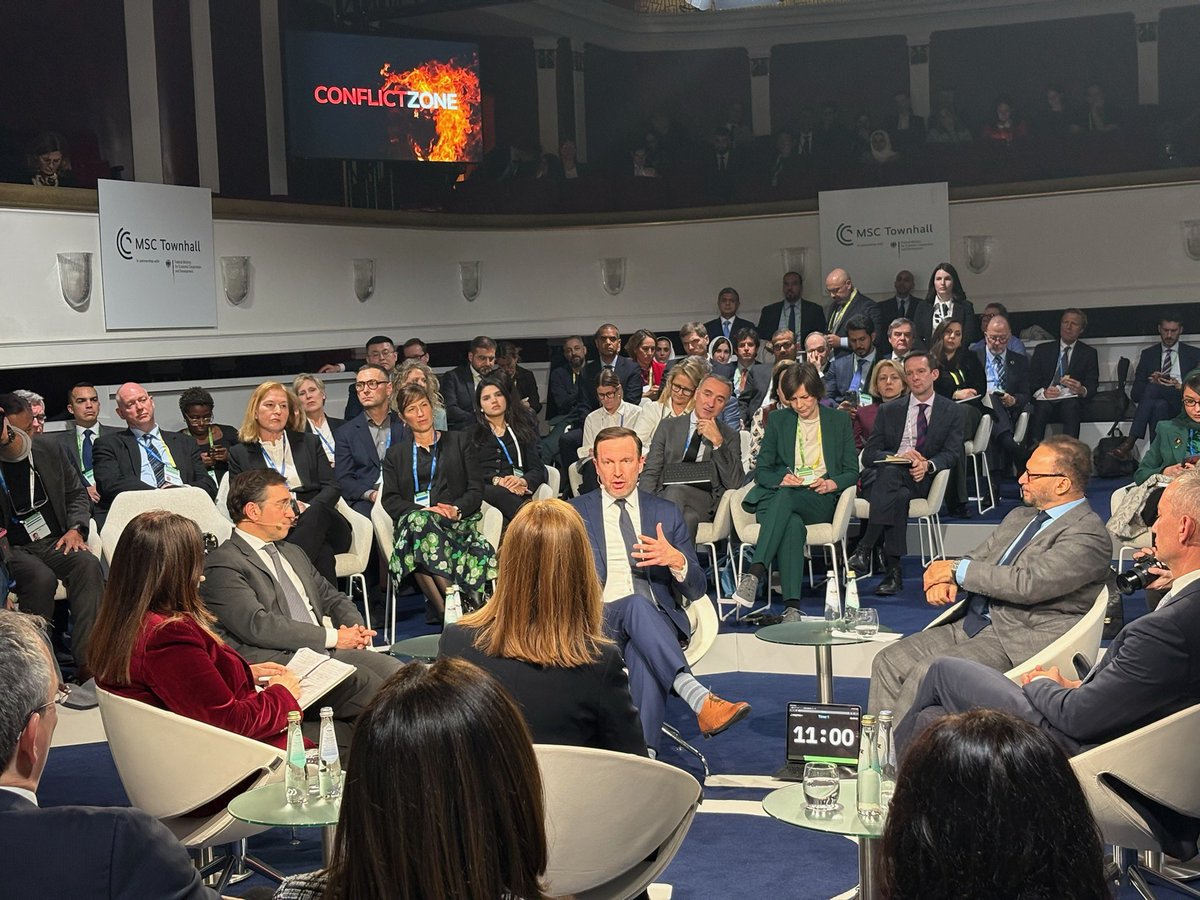 ChrisMurphyCT's tweet photo. Scenes from the first day of the Munich Security Conference. Meetings with Balkan leaders, the EU Foreign Minister, and speaking on panels on Gaza and the future of AI. https://t.co/KH7TGDpWpA
