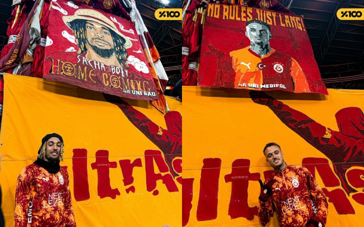 Sacha Boey ve Noa Lang, kendileri için özel hazırlanan pankartların önünde poz verdi. (<a href="/fotottarena/">ugur senpire</a>)