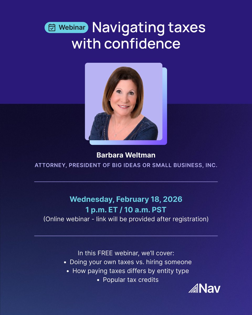 BigIdeas4SB's tweet photo. Join me February 18, at 1 p.m. ET / 10 a.m. PST for a free online tax webinar!  File Business Taxes Confidently - sign up today! https://t.co/XRrrMCGRaN #taxseason #taxreturns #taxforms #taxes https://t.co/ienByPtb9p