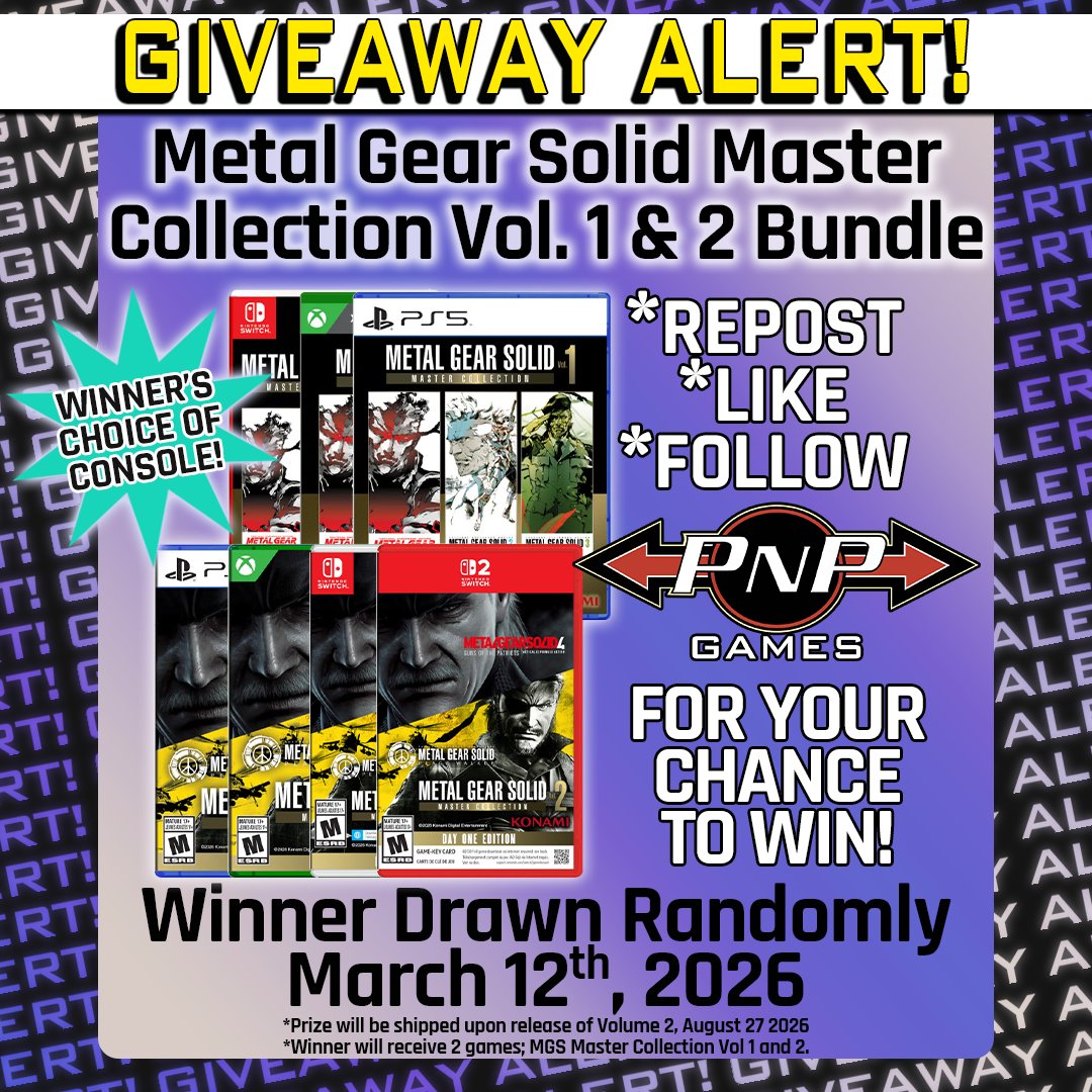 GIVEAWAY ALERT ❗️

REPOST, LIKE, AND FOLLOW PNP GAMES for your chance to WIN a WINNER'S CHOICE of Metal Gear Solid Master Collection Vol 1 and 2 BUNDLE!**

War has changed.

#VideoGames #Canada #USA #Free #Giveaway
 
*No purchase necessary, a winner will be drawn at random on