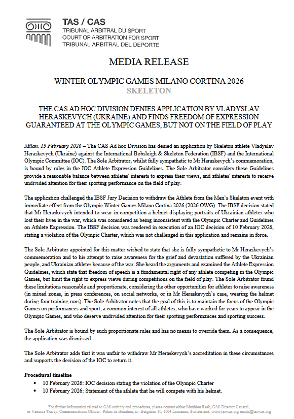 RobKoehler2's tweet image. The #CAS Ad hoc Division denied application by @heraskevych 

To quote past #IOC President, Thomas Bach:
“We feel that this decision shows the urgent need for reforms in the internal structure of CAS.” 4 February 2018.
@AP @iocmedia 
apnews.com/general-news-d…