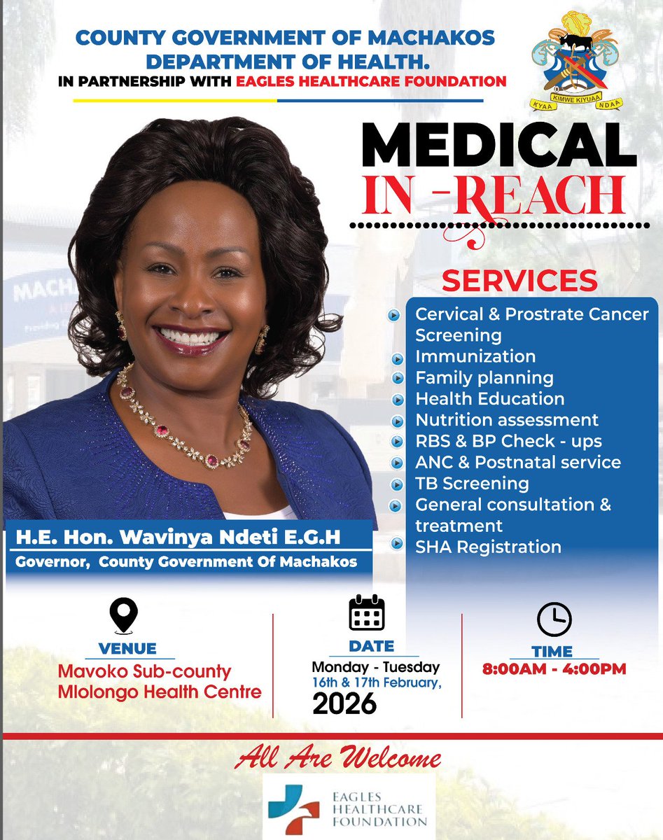 Governor <a href="/Wavinya_Ndeti/">Wavinya Ndeti Oduwole, EGH</a>  brings healthcare closer to the people of Mavoko!
Join us at Mlolongo Health Centre on 16th–17th Feb (8AM–4PM) for free screenings &amp; treatment.
#WavinyaDelivers 💙