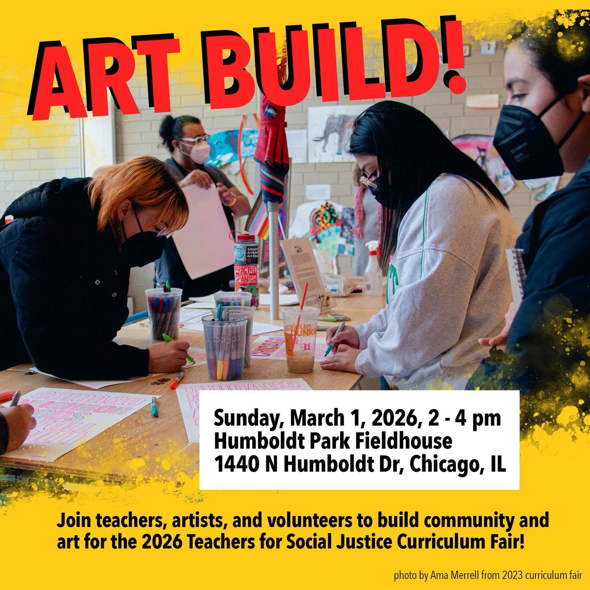 TSJChicago's tweet photo. In this moment of crisis, art is an especially powerful means of resistance and joy. Join educators, artists, and volunteers on Sunday 3/1 as we build community and create beautiful works to share at the 2026 TSJ Curriculum Fair! https://t.co/ORWFRFPZWw