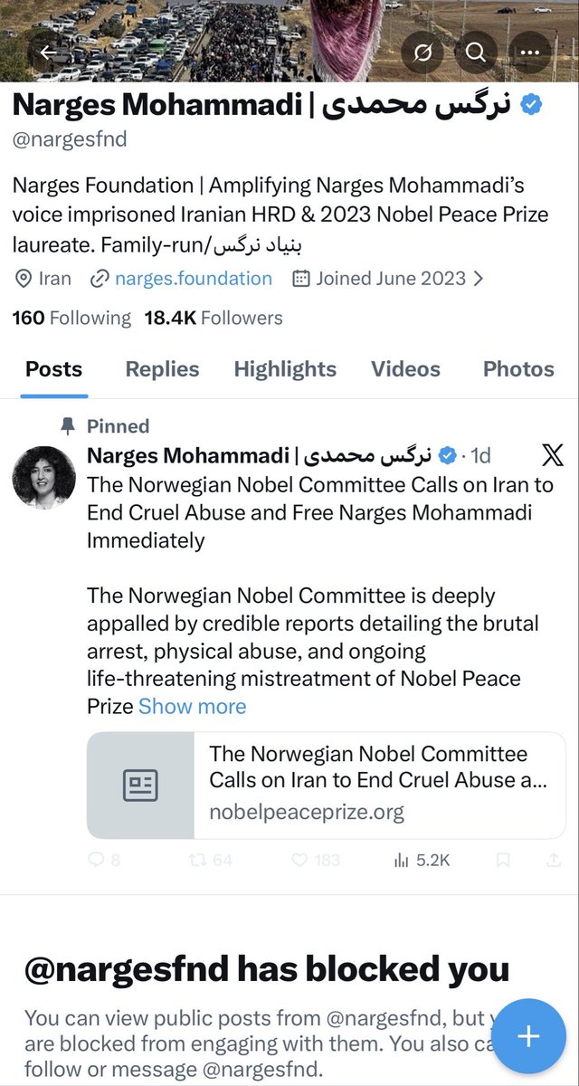 بنیاد نرگس محمدی باید یه زنگ به کریستین امانپور بزنه اون میتونه از داخل زندان باهاش مصاحبه کنه!

خیلی خنده داره فعال حقوق بشر و برنده صلح نوبل مخالف را بلاک میکنه! 
 
Narges Mohammadi’s foundation should call <a href="/amanpour/">Christiane Amanpour</a> , she can interview her directly from prison!

#IranMassacre