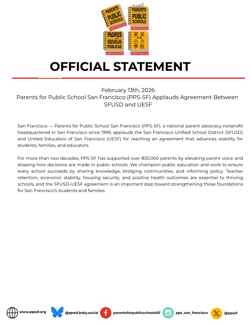 ppssf's tweet photo. We applaud the agreement between SFUSD and UESF — a vital step toward stability for students, families, and educators. Thank you to everyone who worked for this progress. Read our full statement: https://t.co/B9EnttbBOp #PublicSchools #PPSsf
@SFUnified @UESF https://t.co/uPxbDt8Vw2