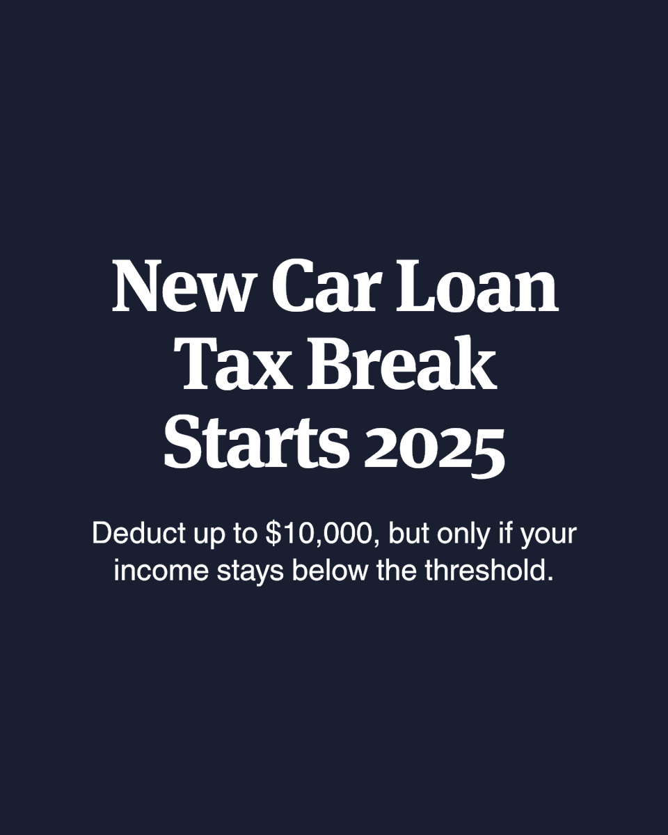 firm1040's tweet photo. New car loan interest deduction: deduct up to $10k starting 2025. Phases out above $100k AGI (single), $200k (joint). Act now.

Gain clarity on how current tax laws actually apply to your income and financial decisions. https://t.co/0Mli5WWJTu https://t.co/mrCwl3RwCR