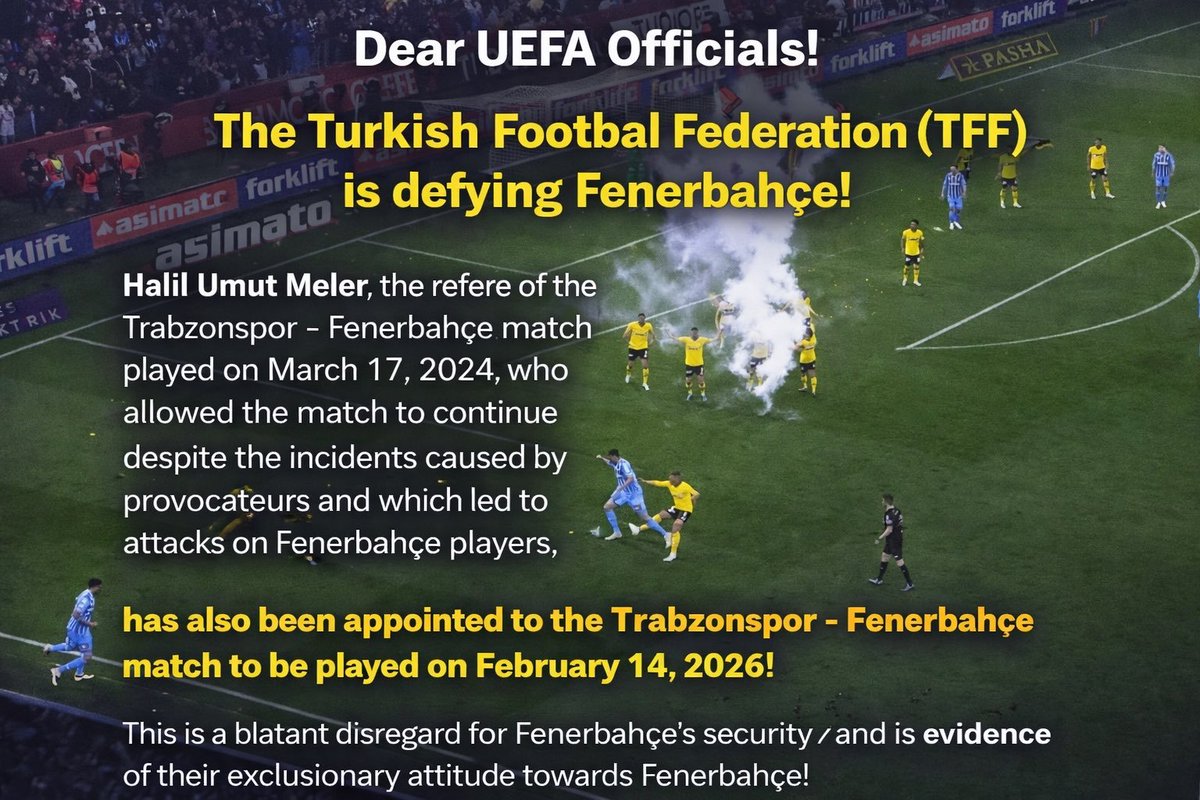 🚨Paylaşıp UEFA’yı etiketleyelim. <a href="/UEFA/">UEFA</a> <a href="/UEFAcom/">UEFA.com</a> 

"Sayın UEFA Yetkilileri!

Türkiye Futbol Federasyonu (TFF), Fenerbahçe'ye meydan okuyor!

17 Mart 2024'te oynanan Trabzonspor - Fenerbahçe maçında, provokatörlerin çıkardığı olaylara ve Fenerbahçe oyuncularına yönelik saldırılara