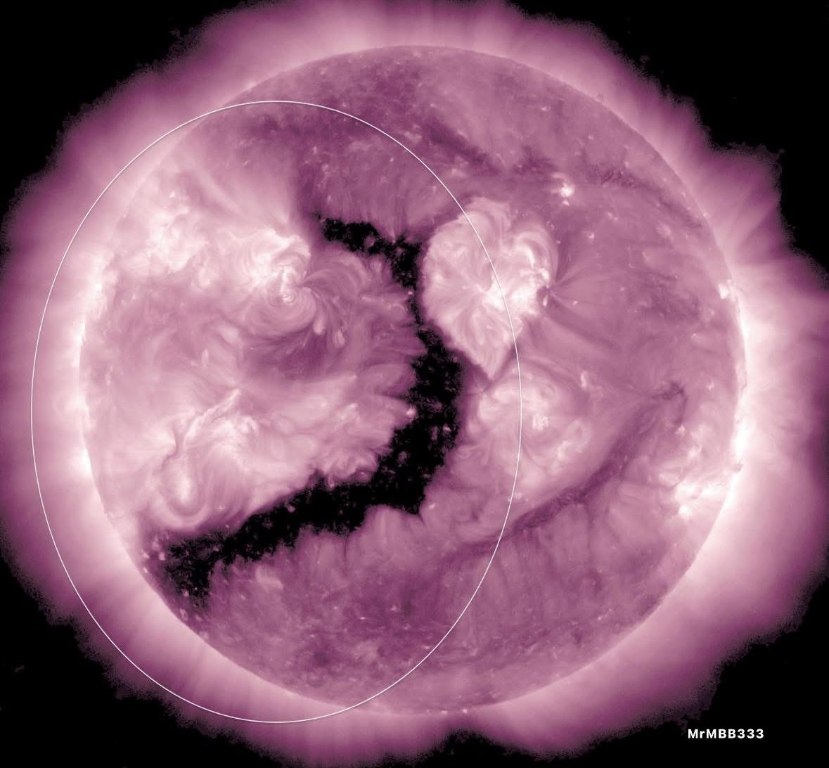THE SUN OPENED — 400,000 MILES ACROSS

In 48 hours, this Earth-facing equatorial coronal hole expanded across both hemispheres of the Sun — now spanning nearly 400,000 miles.

This isn’t a surface scar. It’s a magnetic opening where high-speed solar wind escapes into space.

As
