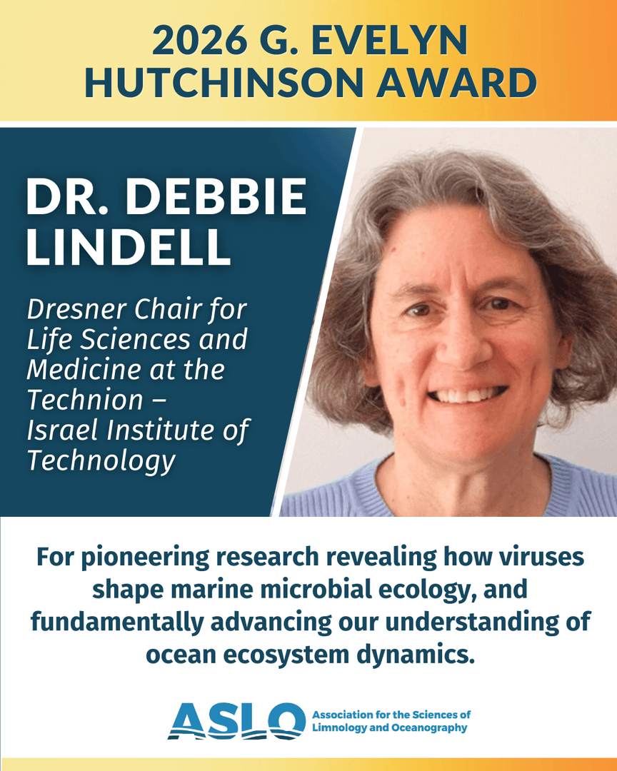 aslo_org's tweet photo. #ASLO is honored to announce that Dr. Debbie Lindell is the recipient of the 2026 Hutchinson Award for pioneering contributions to understanding how viruses shape marine microbial ecology, revealing the choreography of host–virus interactions from single cells to entire ocean basins. The award will be presented at #OSM26 in Glasgow, Scotland (22–27 February 2026).
Read the full announcement: https://t.co/SXXtrhTddD
