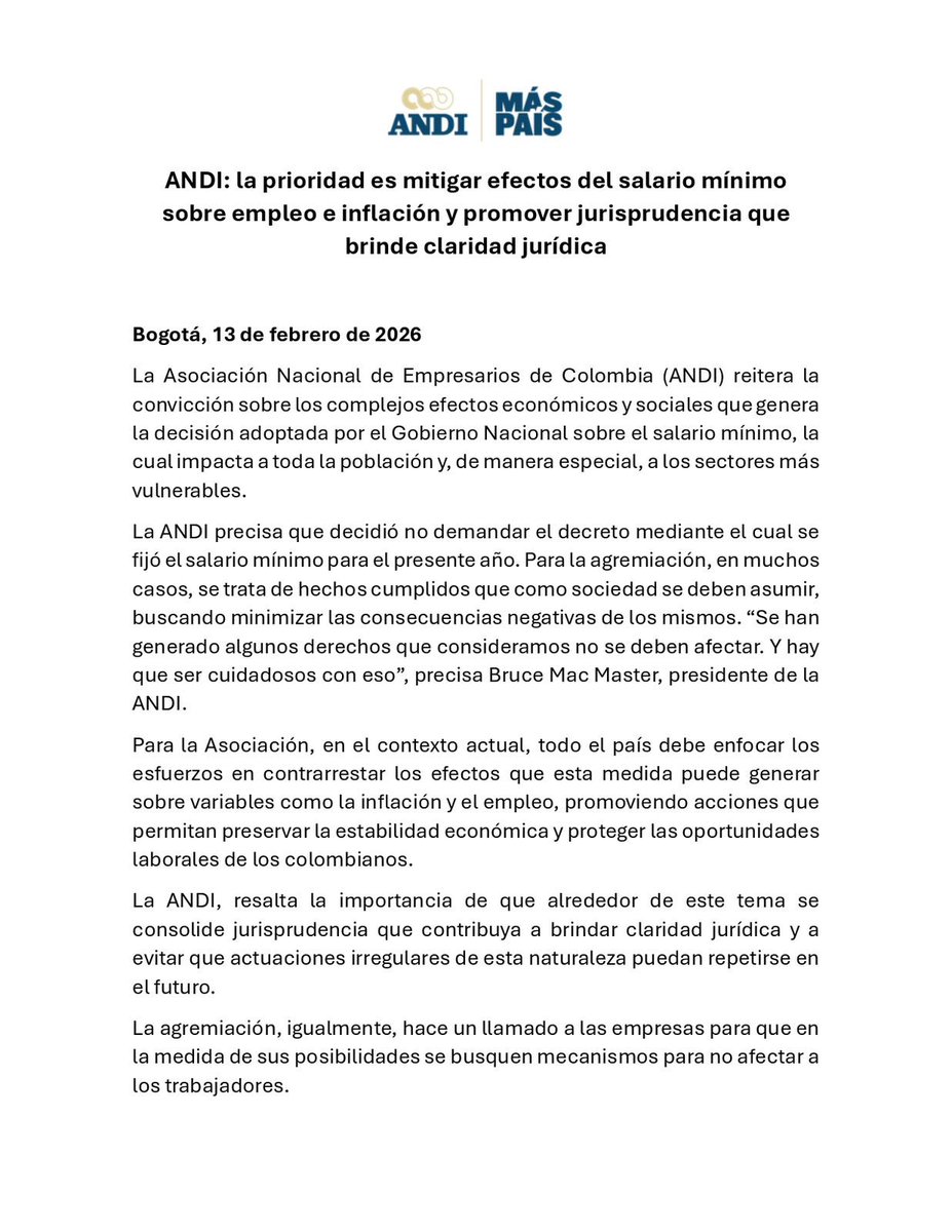 Comparto comunicado de <a href="/ANDI_Colombia/">ANDI</a> sobre salario mínimo y las noticias que se han generado el día de hoy.
Más allá de las definiciones que se hagan durante los próximos días, hacemos un llamado a las empresas que en la medida de sus posibilidades hagan el mejor esfuerzo pro