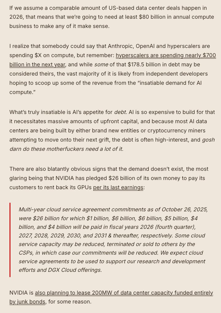 As I’ve said repeatedly in the past, OpenAI and Anthropic ARE the AI industry, taking up the vast majority of AI compute, including that run by hyperscalers. We need $100bn+ in NEW, unrelated demand by 2028, or many AI data center deals are underwater.
wheresyoured.at/data-center-cr…