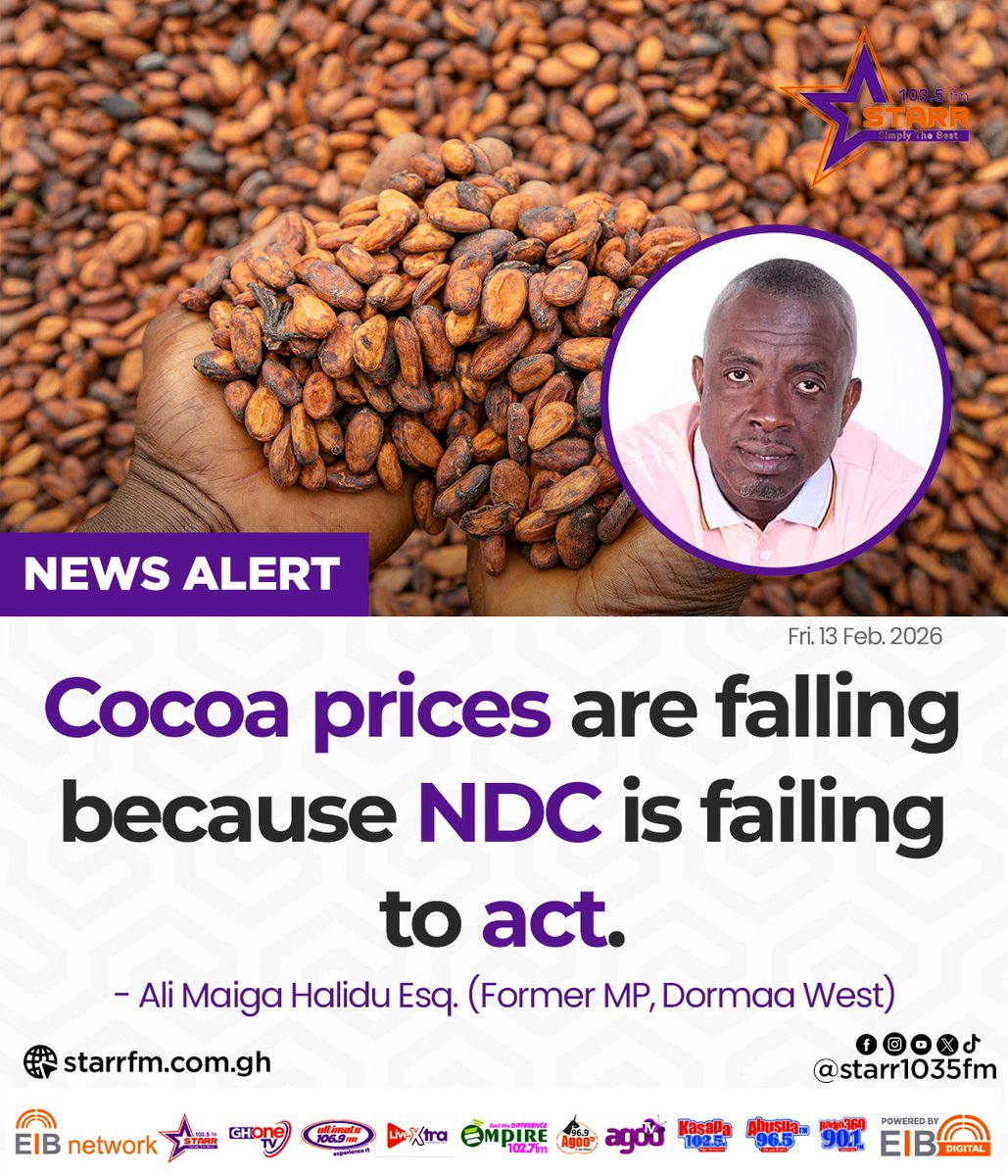 Cocoa prices are falling becase NDC is failing to act... - Ali Maiga Halidu Esq. (Former MP, Dormaa West)

#StarrNews #EIBNetwork 
#StarrFM #NewsAlert