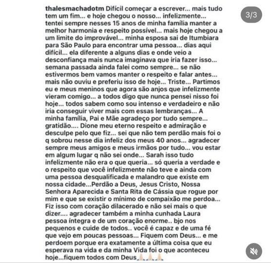 "Carta suicida"

Por lo que posteó el Secretario de Gobierno de Itumbiara tras asesinar a sus dos hijos y luego quitarse la vida:

“Es difícil comenzar a escribir… pero todo tiene un fin… y hoy llegó el nuestro… lamentablemente…

Siempre intenté en estos 15 años de mi familia