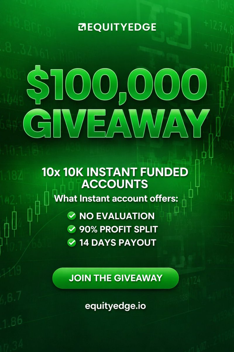 ZararEquityEdge's tweet image. 100K GIVEAWAY! 🎁

Win 1 of 10 X $10K Instant Funded Accounts

To Enter👇

1. Follow @ZararEquityEdge &amp;amp; @EquityEdgeUK 
2. Like❤️&amp;amp; Retweet🔁
3. Enable notifications for both accounts🔔
4. Share proof in comments

Winners announced on Feb 20th, 2026.