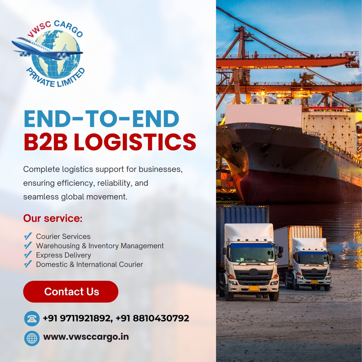 VWSC211454's tweet photo. End-to-End B2B Logistics. One Partner. Total Reliability. 🚢��✈️

📞 Contact us today: +91 9711921892 | +91 8810430792
🌐 Visit: https://t.co/Zj6mY1kp7Q

#VWSCcargo #LogisticsSolutions #InternationalCourier #DomesticShipping #SupplyChain #GlobalDelivery #ShippingSimplified https://t.co/YLIa1oQ4Od