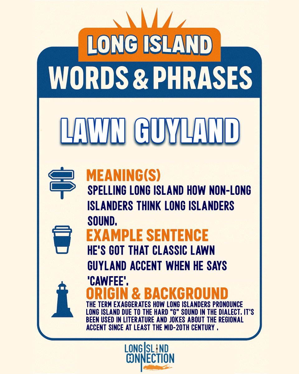LIConnection's tweet photo. 🤙 Long Island Slang: Lawn Guyland
#longisland #longislandconnection #longislandnewyork #longislandny #whenonlongisland #onlongisland #onnotinlongisland #516 #631 #newyork #nassaucounty #suffolkcounty #queenscounty #brooklyn #kingscounty https://t.co/xQGLlGUn6L