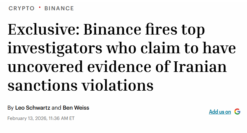 JUST IN: Binance fires its top investigators who uncovered $1B in Iran-linked trades that may have violated US sanctions, Fortune reports.