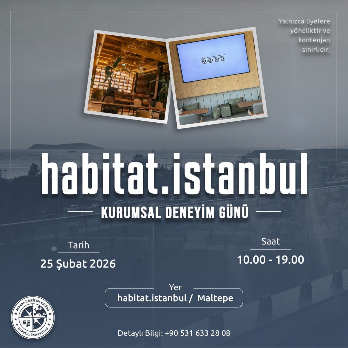 Kurumsal İşleyişi Yerinde Deneyimleme Fırsatı! 🤍

Avrupa İlişkileri Kulübü 
olarak, Habitat.istanbul iş birliğiyle düzenlediğimiz bu etkinlik kapsamında katılımcılar, bir gün boyunca habitat.istanbul ofisinde kurumsal süreçleri yerinde gözlemleme ve ilgili iş
