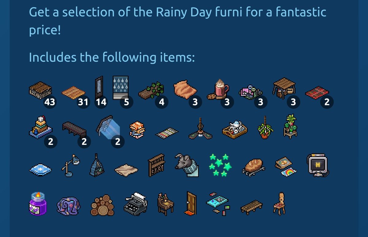 🌎🌍🌏 GLOBAL ROOM BUNDLE GIVEAWAY 🌎🌍🌏 OPEN TO ALL HOTELS

Get involved, make a chance to win this Rainy Day Bundle 2.0, including the badge! Good luck 🤪😉 

Rules:
Repost this content ♻️
Like it ♥️
Follow us 🤝 

Ending within 24H. ⏳

#Habbo #HabboHelpers #Giveaway #Win
