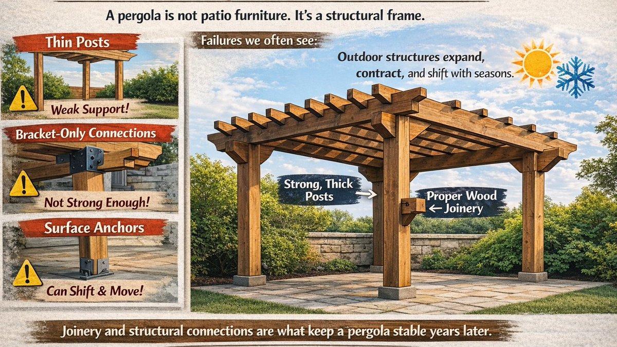 WoodPergolaKits's tweet image. Why Some Pergolas Loosen Over Time?

Failures we often see: 
• Thin Posts 
• Bracket-Only Connections 
• Surface Anchors 

Outdoor structures expand, contract, and shift with seasons. 

 #ConstructionTips #Carpentry #OutdoorLiving
