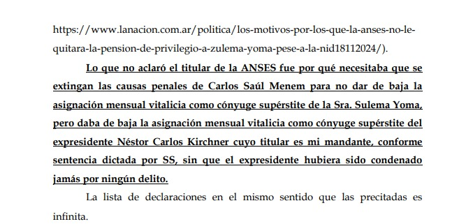 magioncalda's tweet photo. El gobierno de @JMilei, al no quitarle la asignación de privilegio a Zulema Yoma regaló a @CFKArgentina un argumento que utilizó para obtener la medida cautelar que le permite, por ahora, seguir cobrando la pensión de Néstor. Ver el siguiente estracto del pedido de #LaCondenada👇 https://t.co/2LdXWMoEHZ